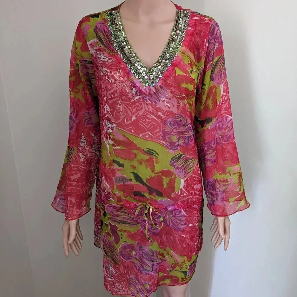 Sahiba Floral Tunic Beach Coverup Beaded Sheer Resortwear Summer V-Neck Boho
